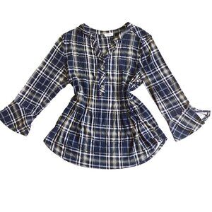 Westport PL Soft Plaid 3/4 Bell Sleeve Peplum Front V-Neck Button Top 18P